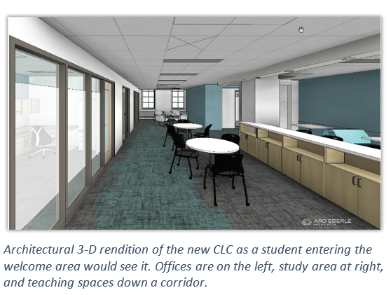 artist's rendering blue carpet with tables and chairs
