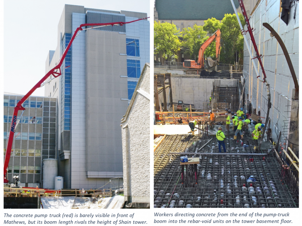 two construction photos show construction equipment moving materials for the new building
