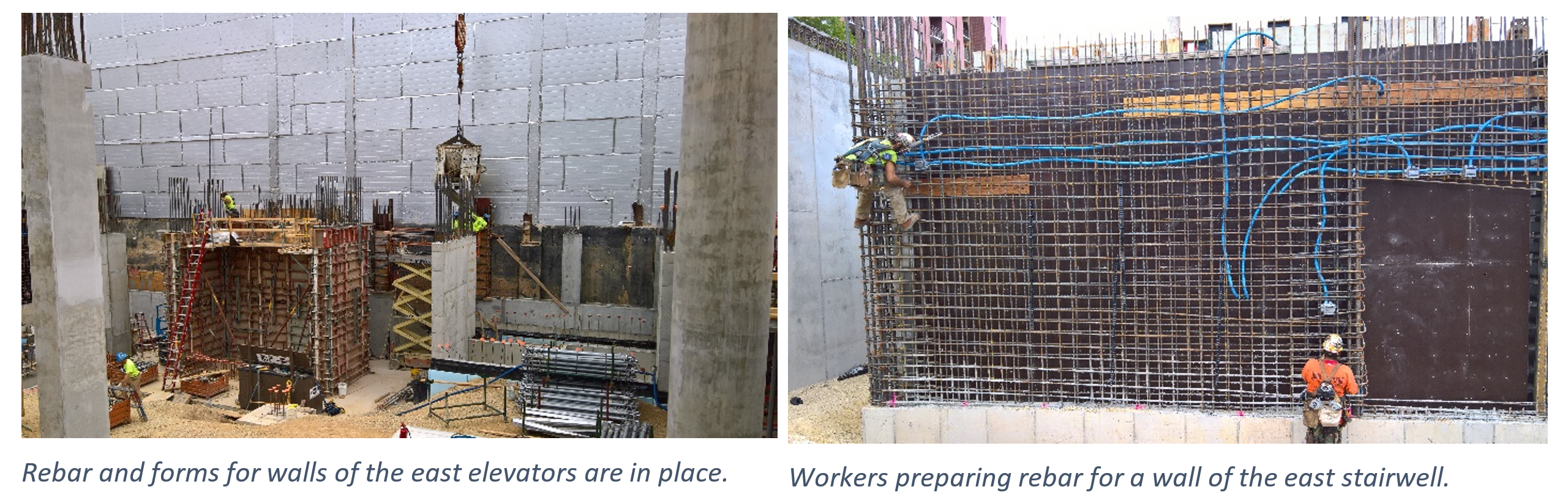 Photos of rebar forms for walls and workers preparing metal pieces of walls for a stairwell.