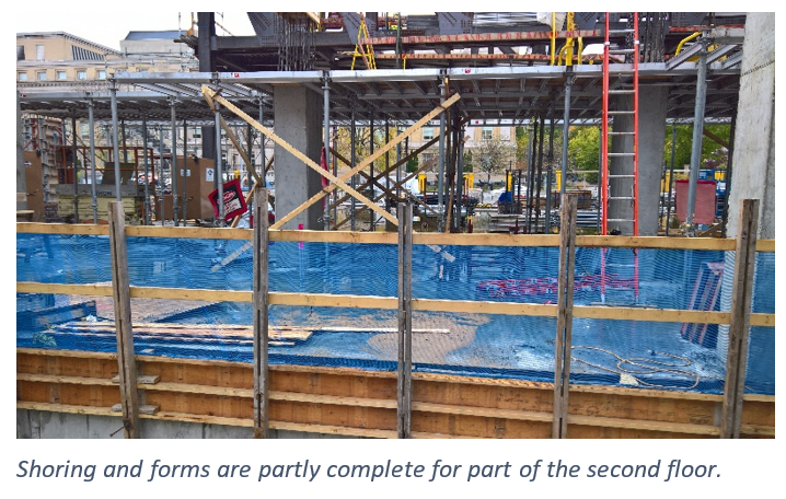 Shoring and forms are partly complete for part of the second floor.