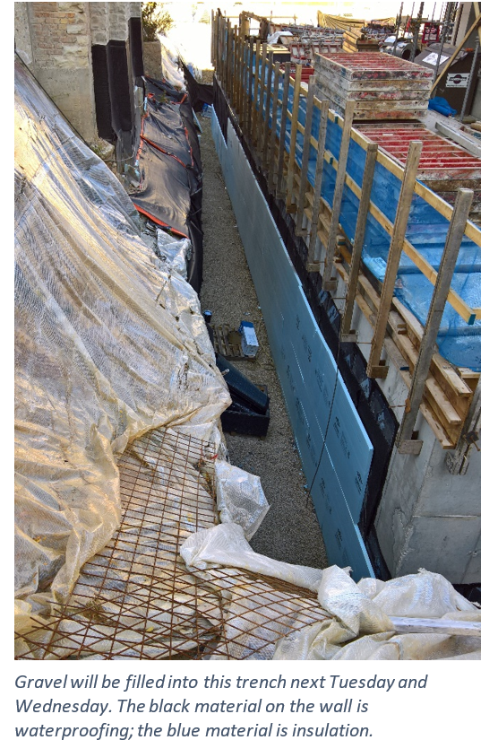Gravel will be filled into this trench next Tuesday and Wednesday. The black material on the wall is waterproofing; the blue material is insulation.
