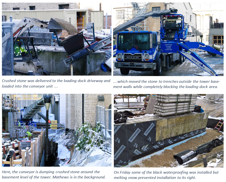 deliveries and waterproofing occur as the building is constructed