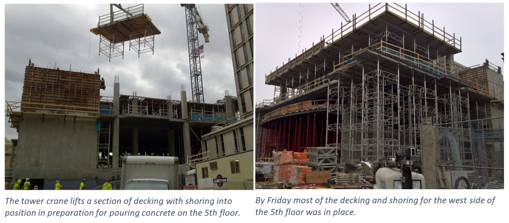Sections of decking are added to the building.
