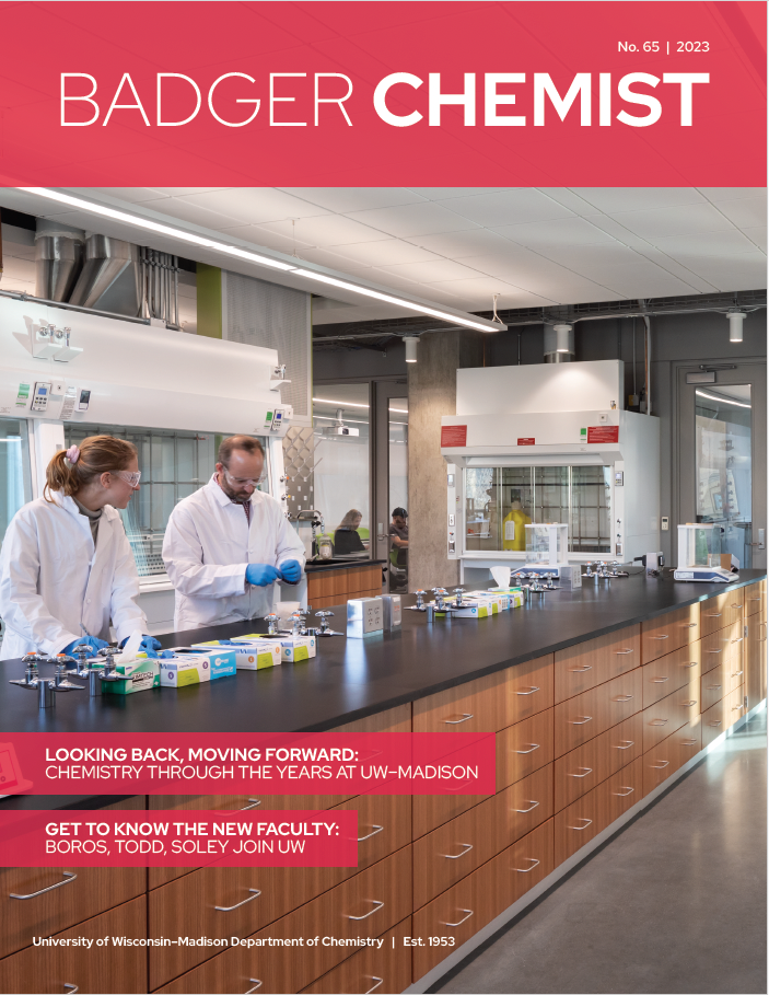 Cover image of 2023 Badger Chemist magazine of two scientists working in a new lab. 